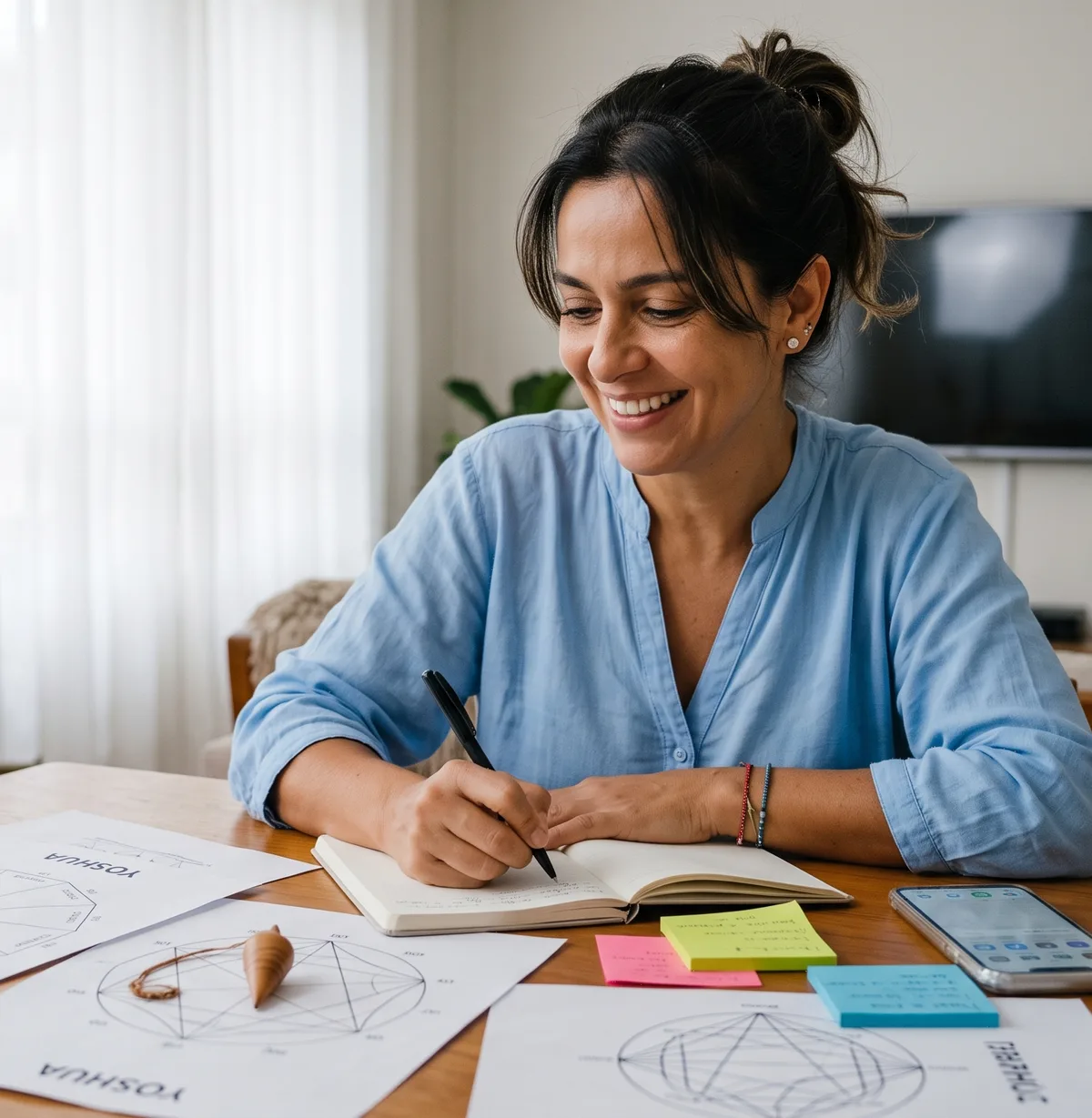 Mulher sorrindo enquanto anota em um caderno, com gráficos radiônicos e o celular sobre a mesa